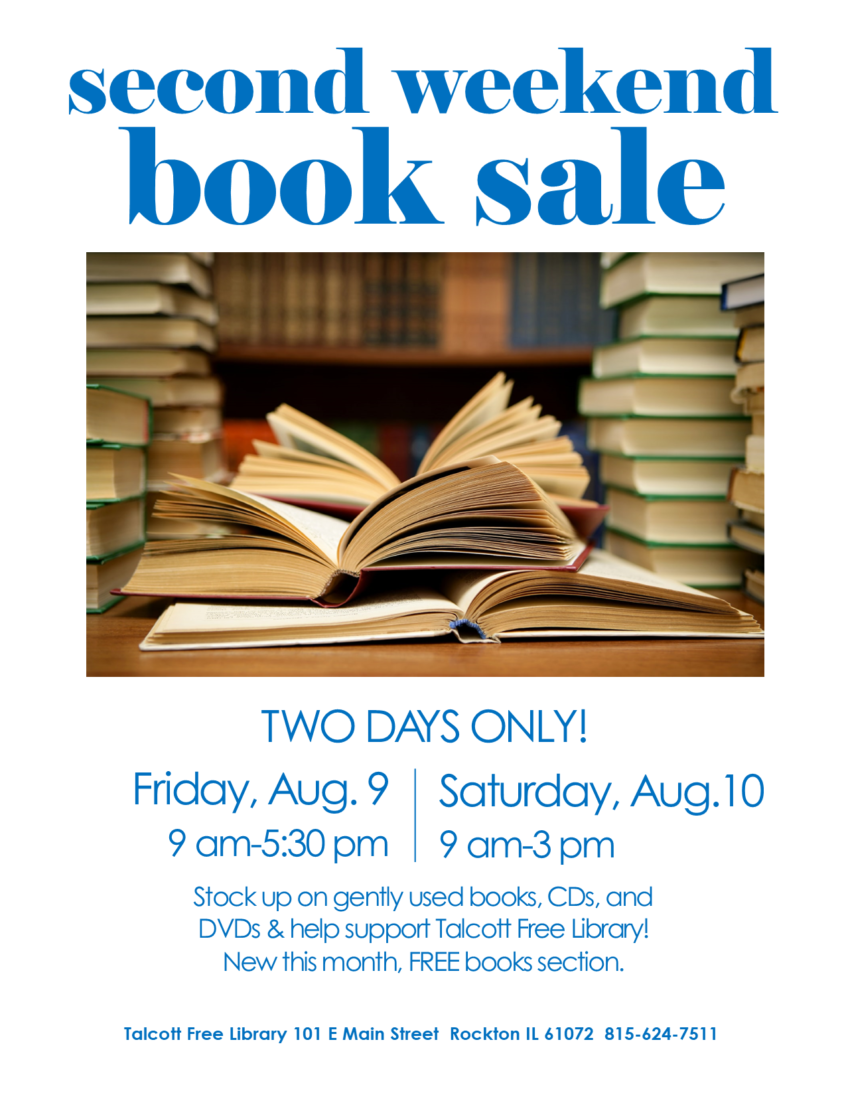 second weekend book sale. two days only! friday aug 9, 9am-5:30pm. saturday aug 10, 9am-3pm. Stock up on gently used books, CDs, and DVDs & help support Talcott Free Library! New this month, FREE books section.